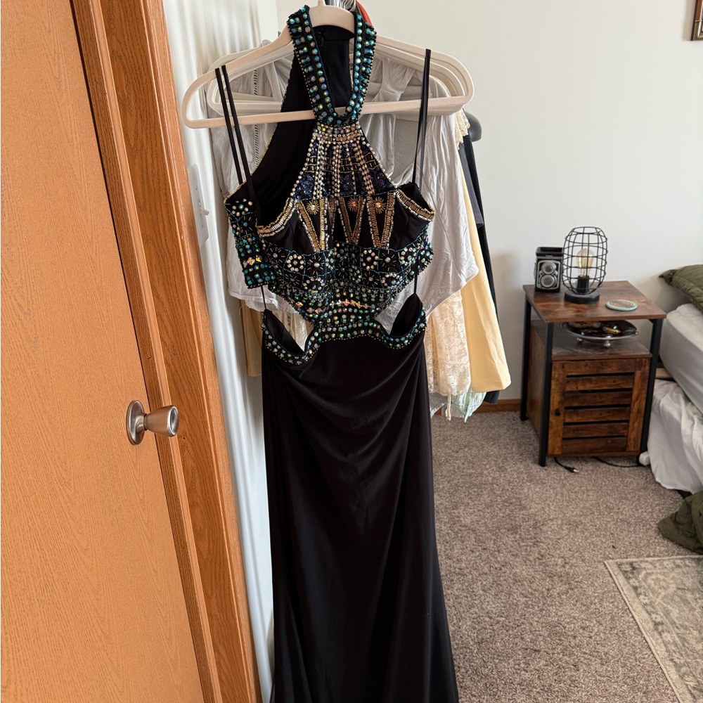 Dave & Johnny Black Gown with Iridescent Sequin Accents